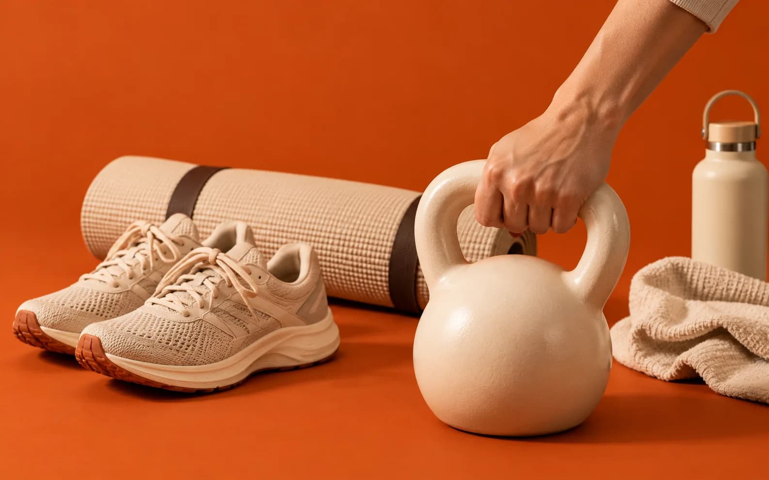 Kettlebell tutan el, yoga matı ve koşu ayakkabıları