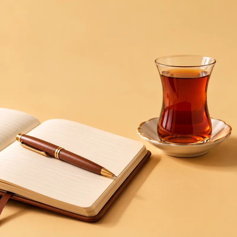 İnce belli bardakta çay ve açık defter